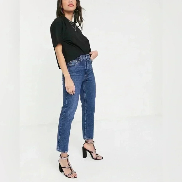 Topshop Straight Leg Jeans High Rise  Ankle Crop Dark Blue Denim Size 26 - Picture 1 of 15